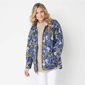 Susan Graver XS‎ Full Zip Floral Print Hooded Rain Jacket Lightweight Navy